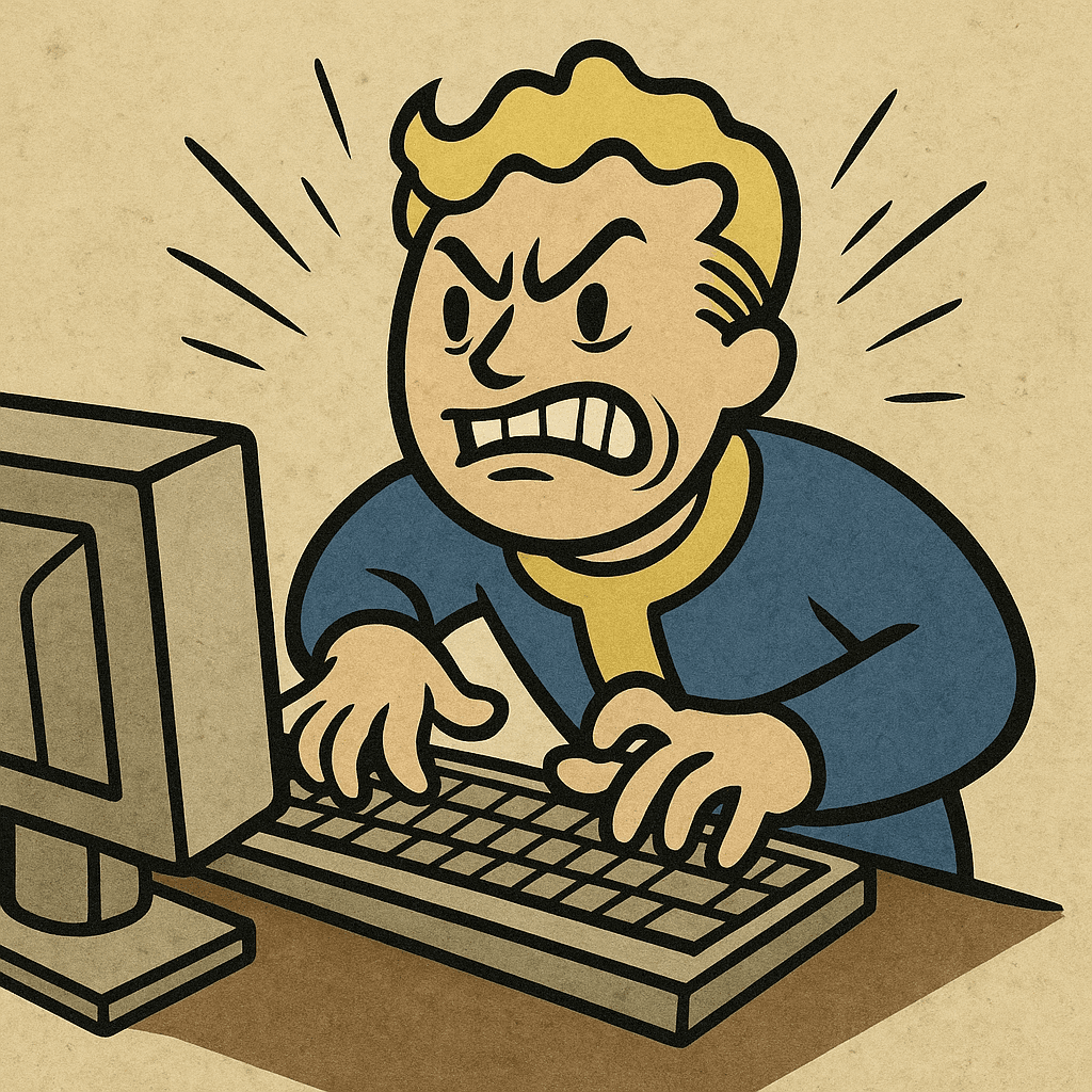 Vault Boy from Fallout angrily typing on an old computer keyboard